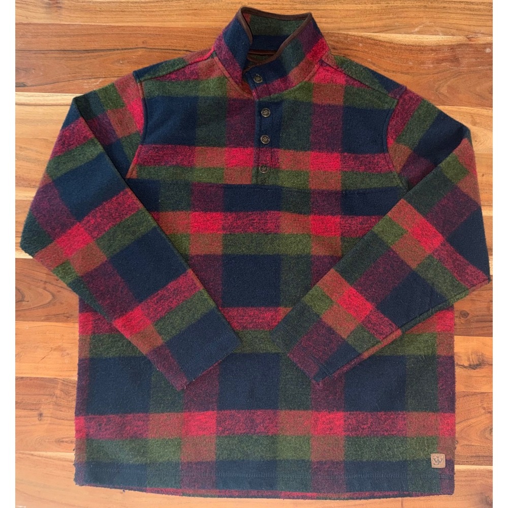 John Wayne Timeless Classic Mens Large Plaid Fleece Quarter Button Pullover Red